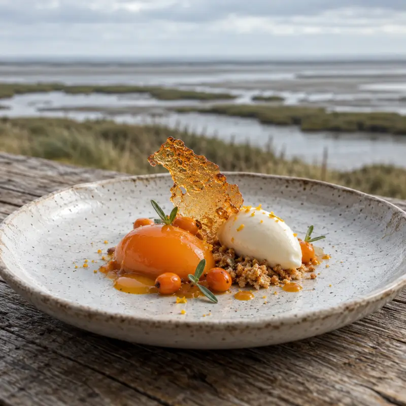 Duindoorndessert met ijs, crumble en een suikerkaramel, met het wad op de achtergrond
