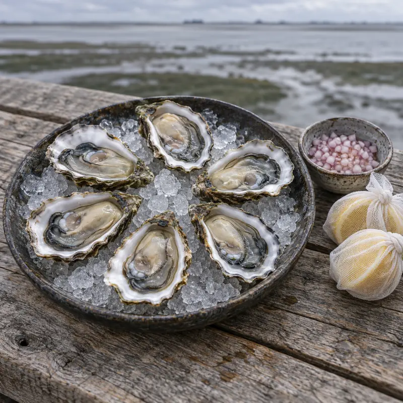 Zes oesters op ijs met citroen in gaasjes, aan tafel bij het wad